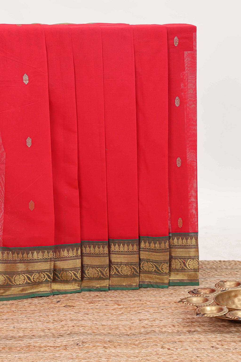 Red zari butta chettinad cotton saree with contrast zari border and matching pallu