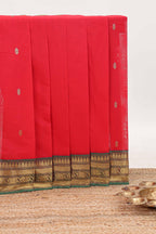 Red zari butta chettinad cotton saree with contrast zari border and matching pallu
