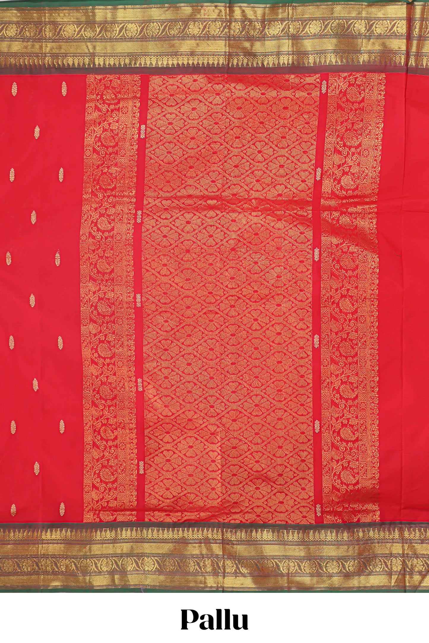 Red zari butta chettinad cotton saree with contrast zari border and matching pallu