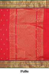 Red zari butta chettinad cotton saree with contrast zari border and matching pallu