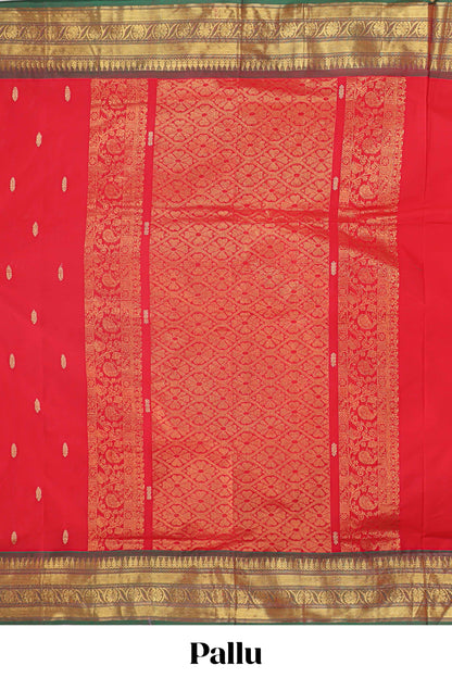 Red zari butta chettinad cotton saree with contrast zari border and matching pallu