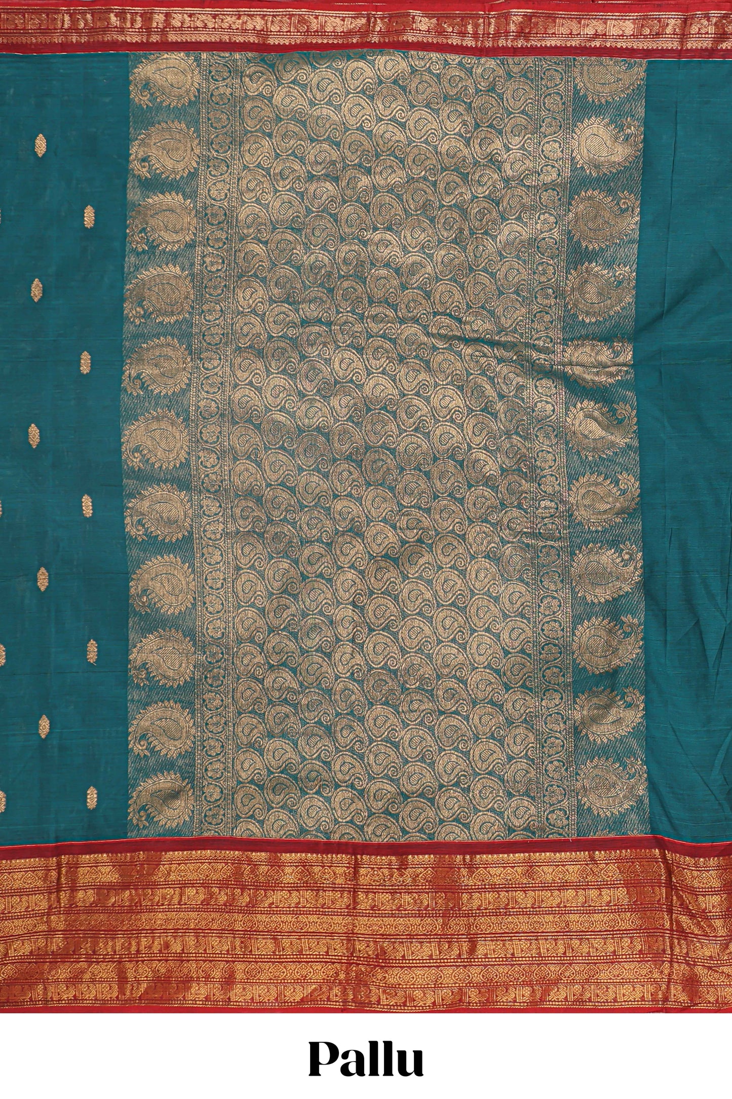 Midnight green zari butta chettinad cotton saree with contrast zari border and matching pallu