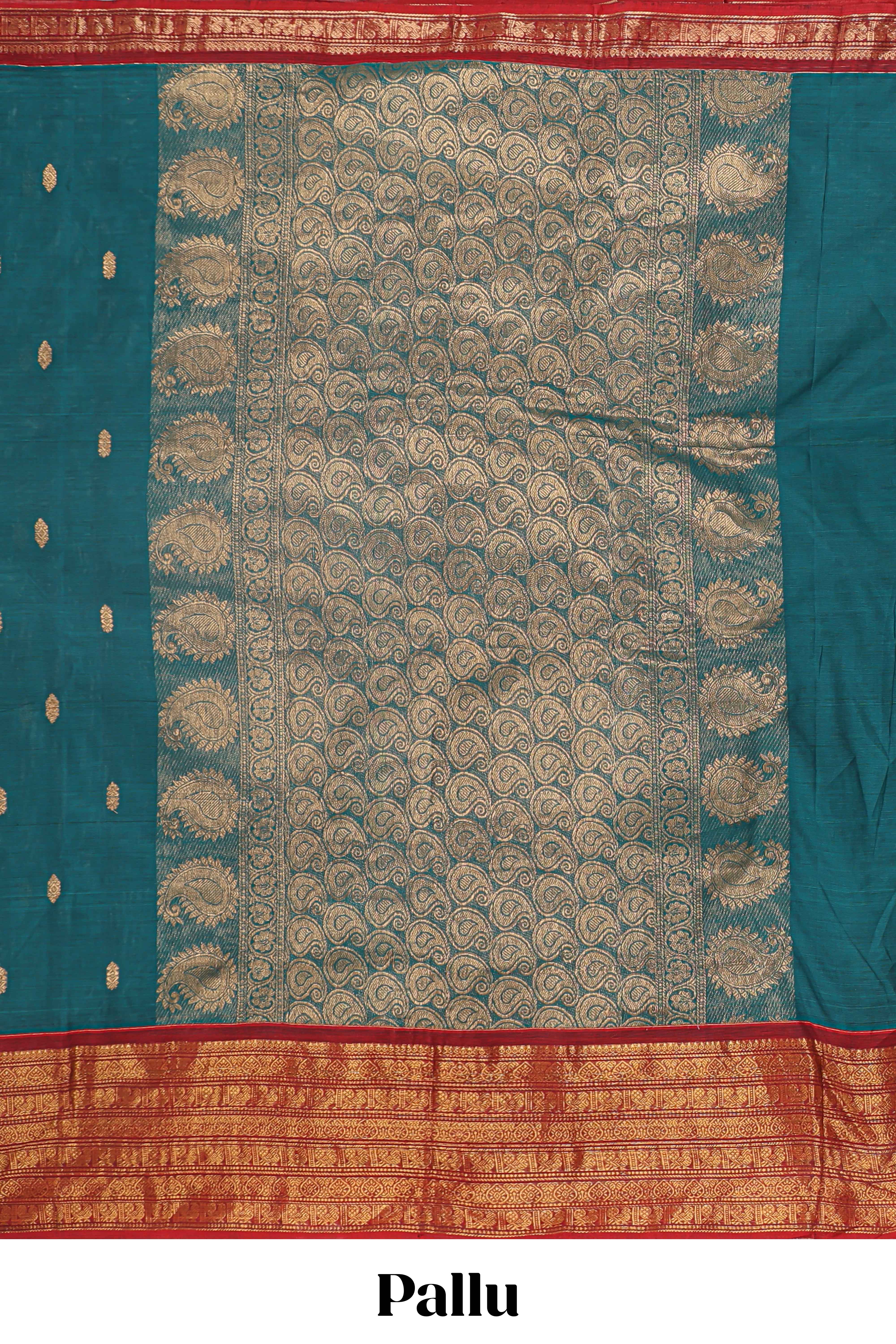 Midnight green zari butta chettinad cotton saree with contrast zari border and matching pallu