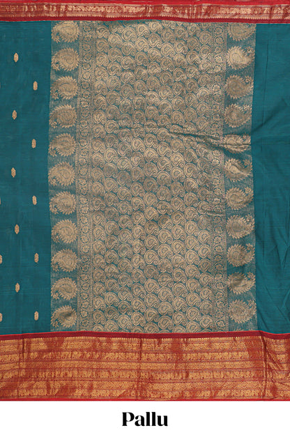 Midnight green zari butta chettinad cotton saree with contrast zari border and matching pallu