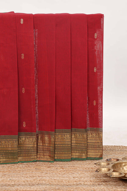 Maroon zari butta chettinad cotton saree with contrast zari border and matching pallu