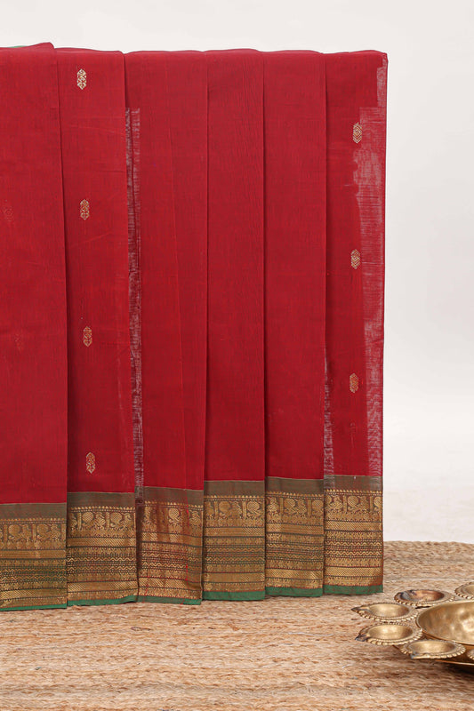 Maroon zari butta chettinad cotton saree with contrast zari border and matching pallu