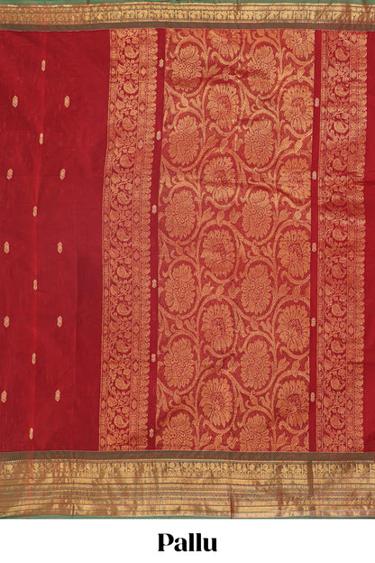 Maroon zari butta chettinad cotton saree with contrast zari border and matching pallu