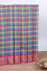 Multi color checked chettinad cotton saree with self deer & birds zari design border and matching pallu