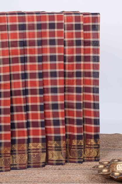 Multi color checked chettinad cotton saree with self birds & ikkat style zari border and matching pallu