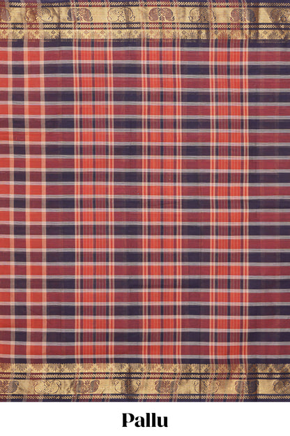 Multi color checked chettinad cotton saree with self birds & ikkat style zari border and matching pallu