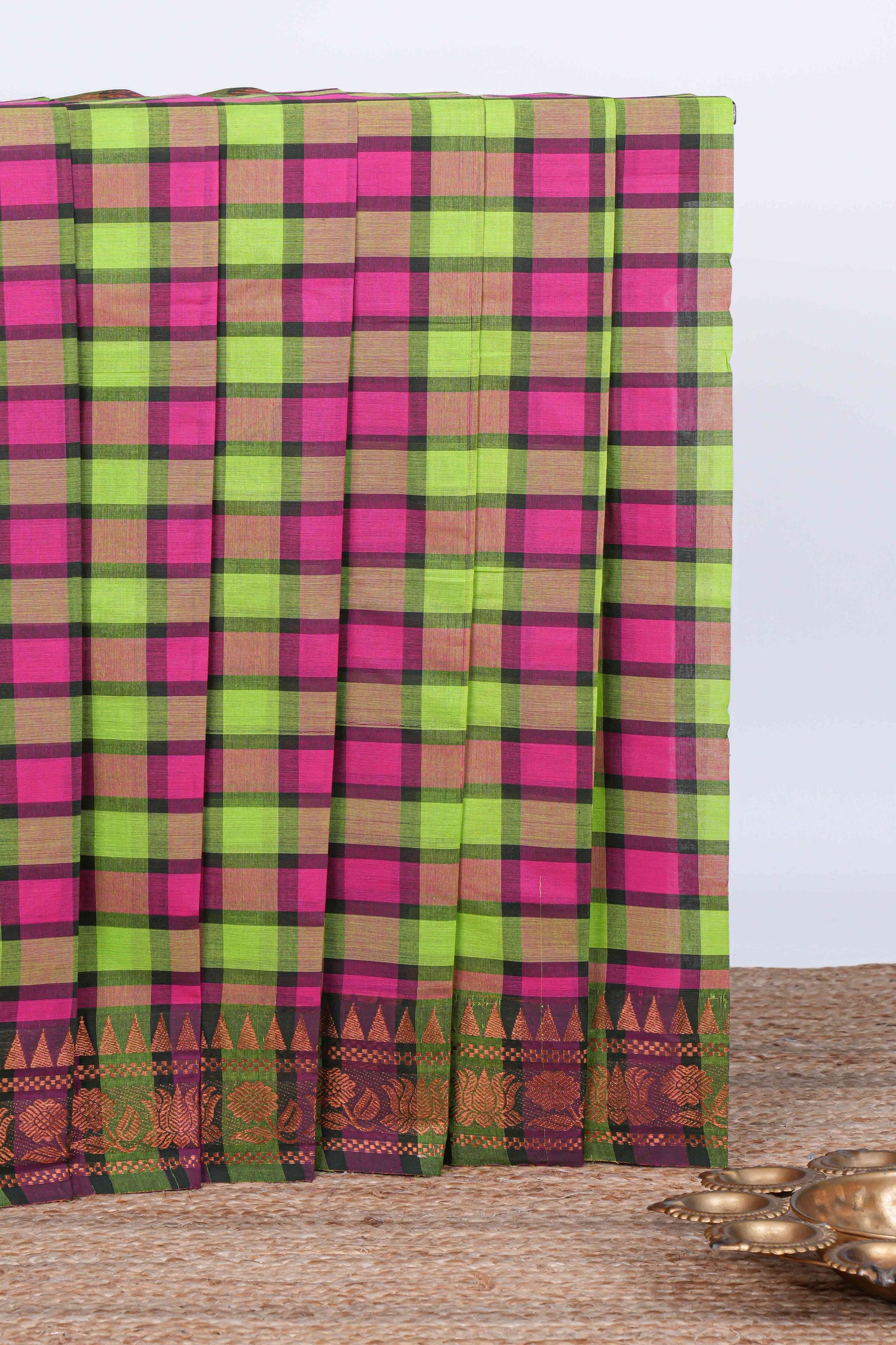 Multi color checked chettinad cotton saree with self floral design zari border and matching pallu