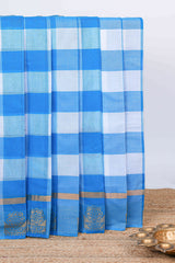 Blue & white checked chettinad cotton saree with floral zari design self border and matching pallu
