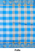 Blue & white checked chettinad cotton saree with floral zari design self border and matching pallu