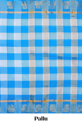 Blue & white checked chettinad cotton saree with floral zari design self border and matching pallu