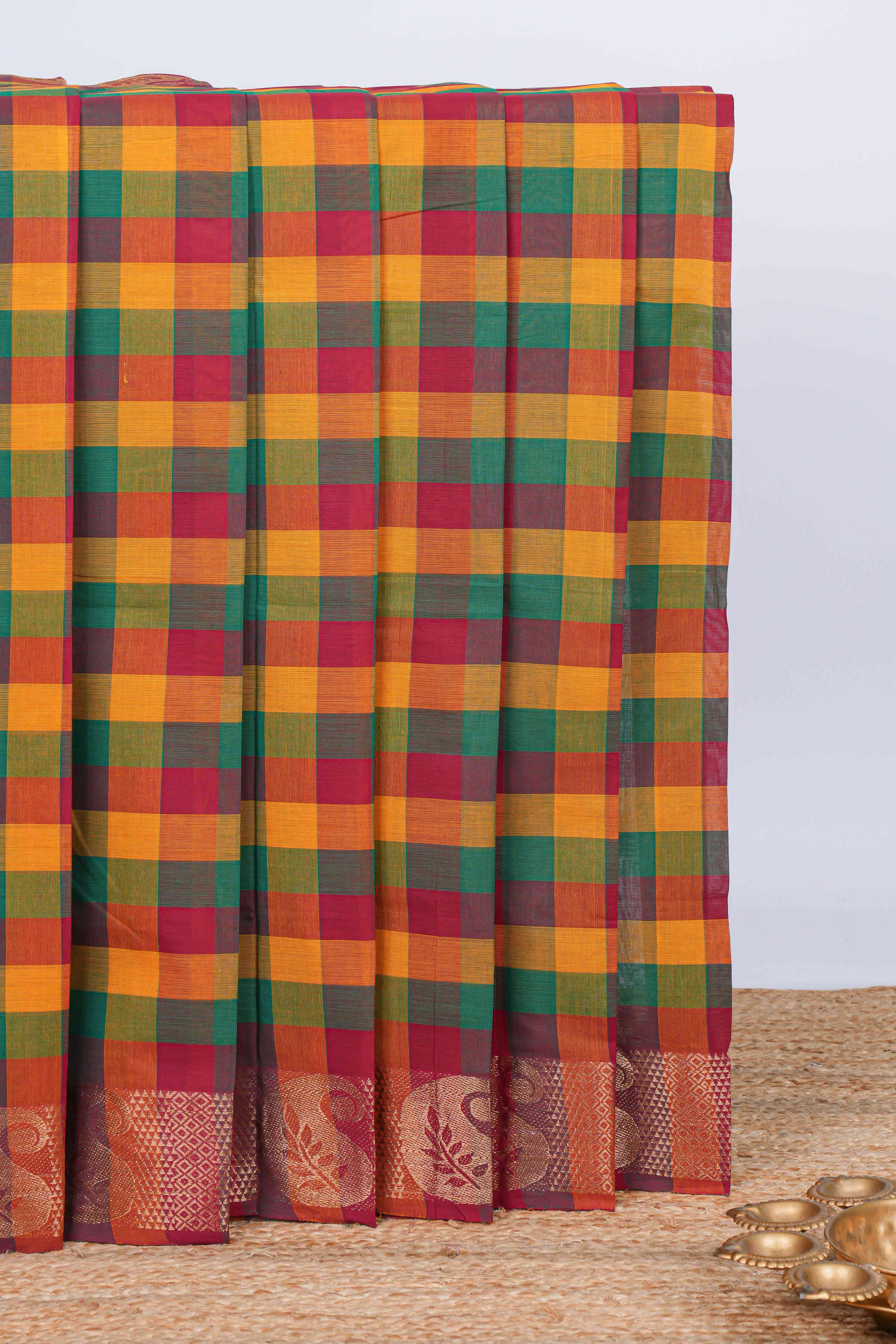 Multi color checked chettinad cotton saree with floral zari design self border and matching pallu