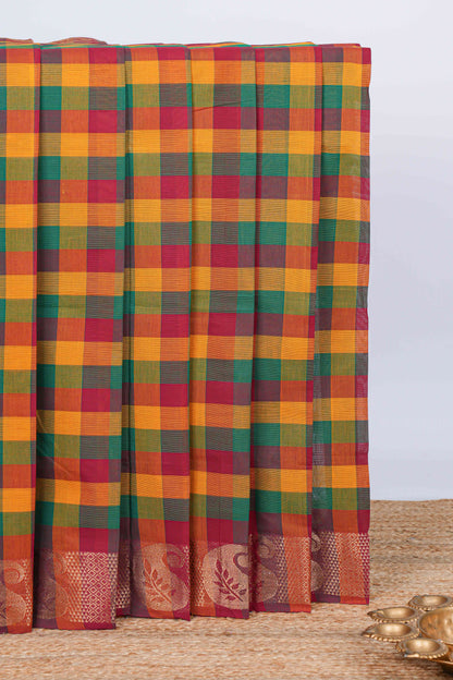 Multi color checked chettinad cotton saree with floral zari design self border and matching pallu