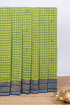 Green checked floral motifs chettinad cotton saree with contrast border and matching blouse
