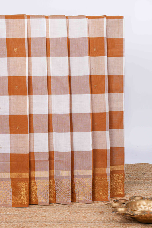Burnt orange and white checked zari motifs chettinad cotton saree with self zari border and matching pallu