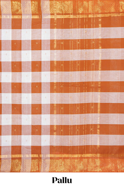 Burnt orange and white checked zari motifs chettinad cotton saree with self zari border and matching pallu
