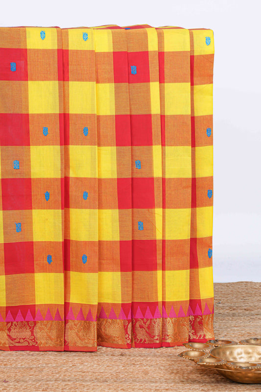 Red and yellow checked floral motifs chettinad cotton saree with self zari border and matching pallu
