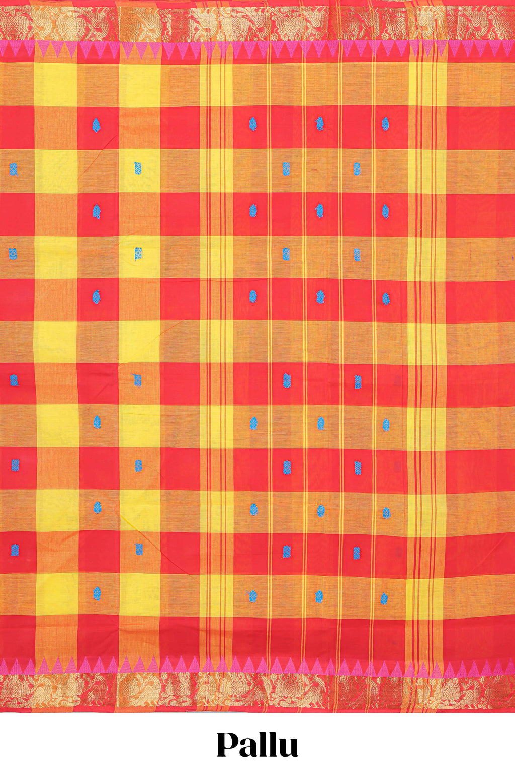 Red and yellow checked floral motifs chettinad cotton saree with self zari border and matching pallu