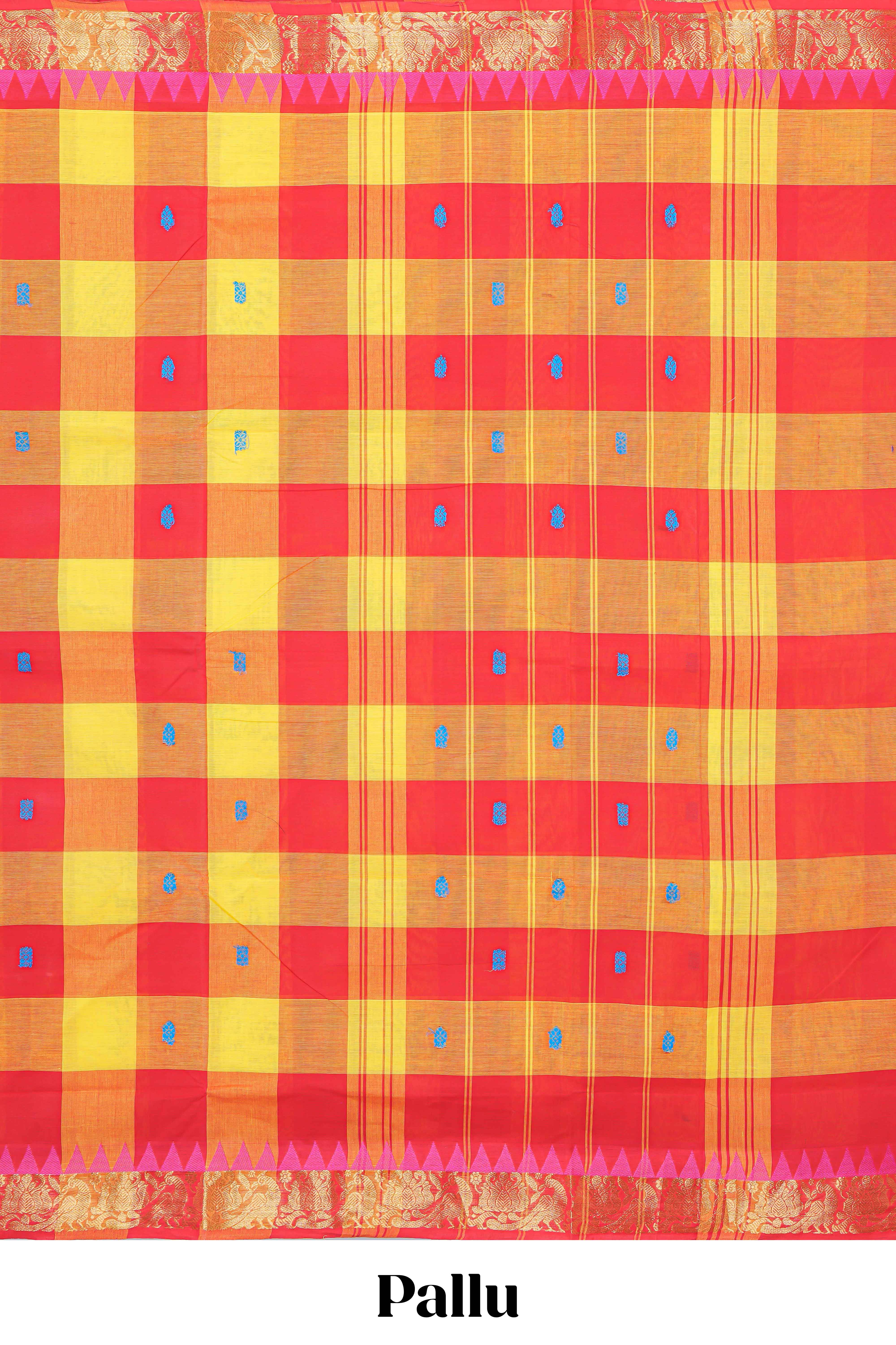 Red and yellow checked floral motifs chettinad cotton saree with self zari border and matching pallu