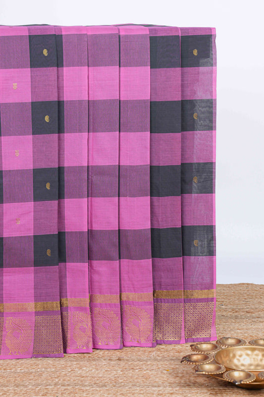 Rose pink checked zari motifs chettinad cotton saree with self zari border and matching pallu