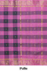 Rose pink checked zari motifs chettinad cotton saree with self zari border and matching pallu