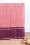 Peach checked chettinad cotton saree with contrast zari border and matching striped pallu