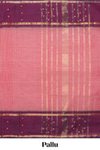 Peach checked chettinad cotton saree with contrast zari border and matching striped pallu