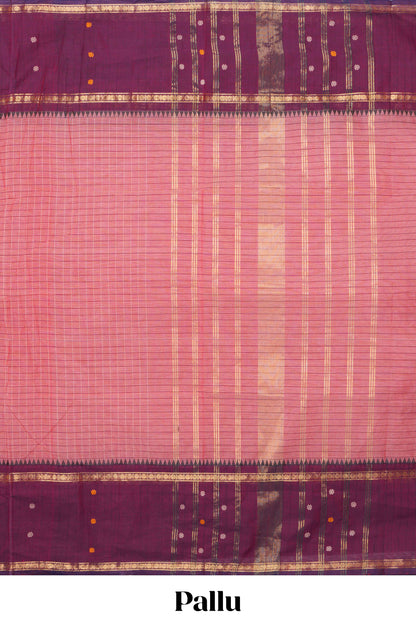 Peach checked chettinad cotton saree with contrast zari border and matching striped pallu
