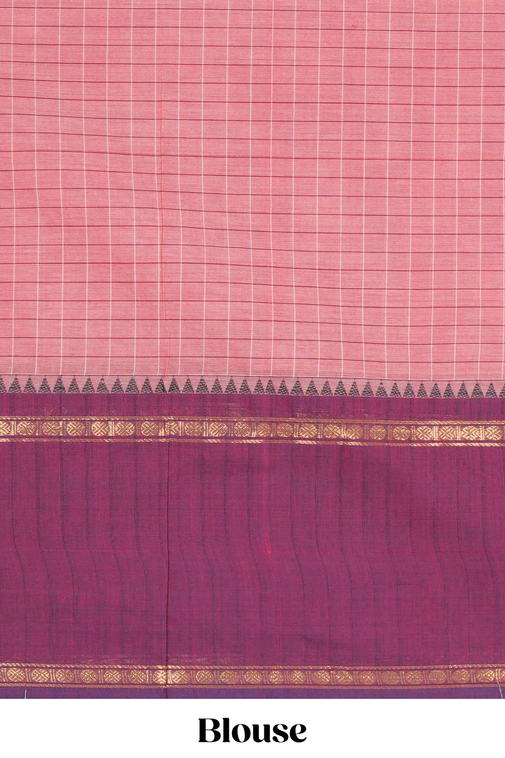 Peach checked chettinad cotton saree with contrast zari border and matching striped pallu
