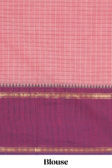 Peach checked chettinad cotton saree with contrast zari border and matching striped pallu