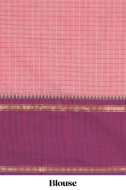 Peach checked chettinad cotton saree with contrast zari border and matching striped pallu