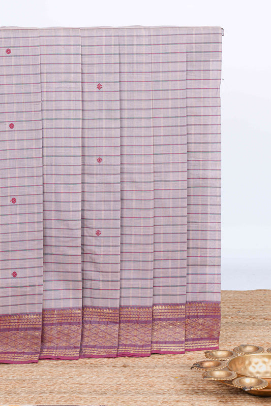 Grey checked thread motifs chettinad cotton saree with contrast zari border and matching striped pallu