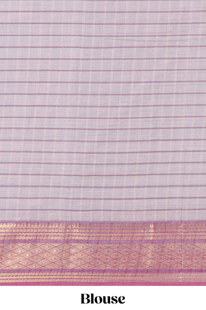 Grey checked thread motifs chettinad cotton saree with contrast zari border and matching striped pallu