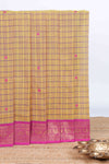 Mustard checked thread motifs chettinad cotton saree with contrast zari border and matching blouse