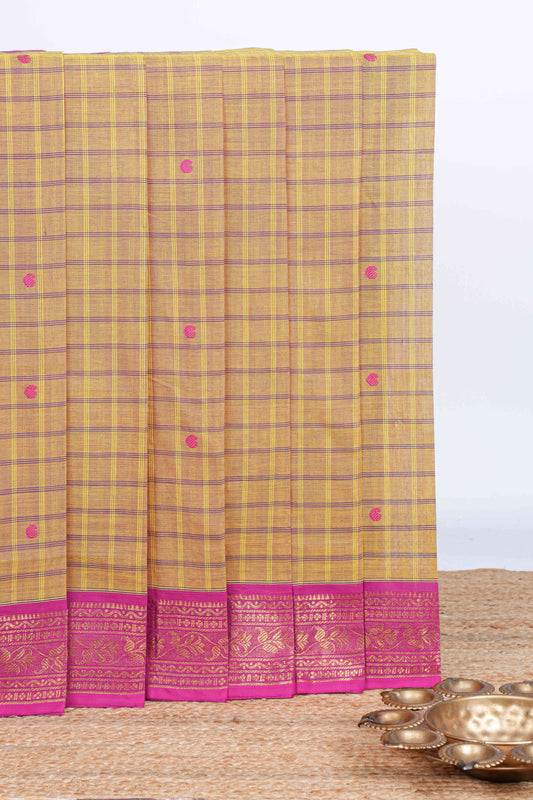 Mustard checked thread motifs chettinad cotton saree with contrast zari border and matching blouse