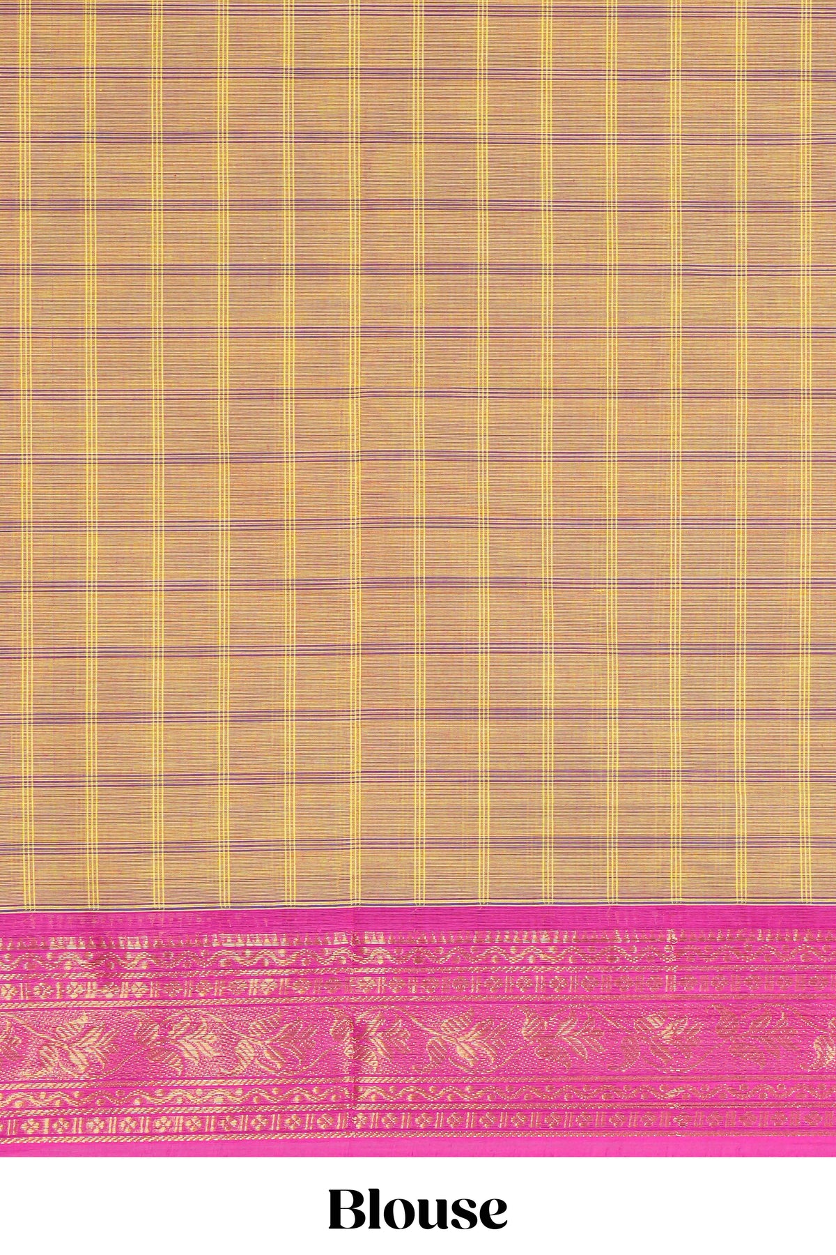 Mustard checked thread motifs chettinad cotton saree with contrast zari border and matching blouse