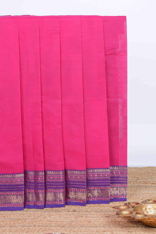 Pink plain chettinad cotton saree with contrast zari border and matching striped pallu