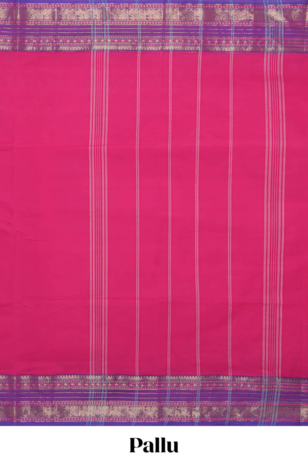Pink plain chettinad cotton saree with contrast zari border and matching striped pallu