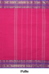 Pink plain chettinad cotton saree with contrast zari border and matching striped pallu
