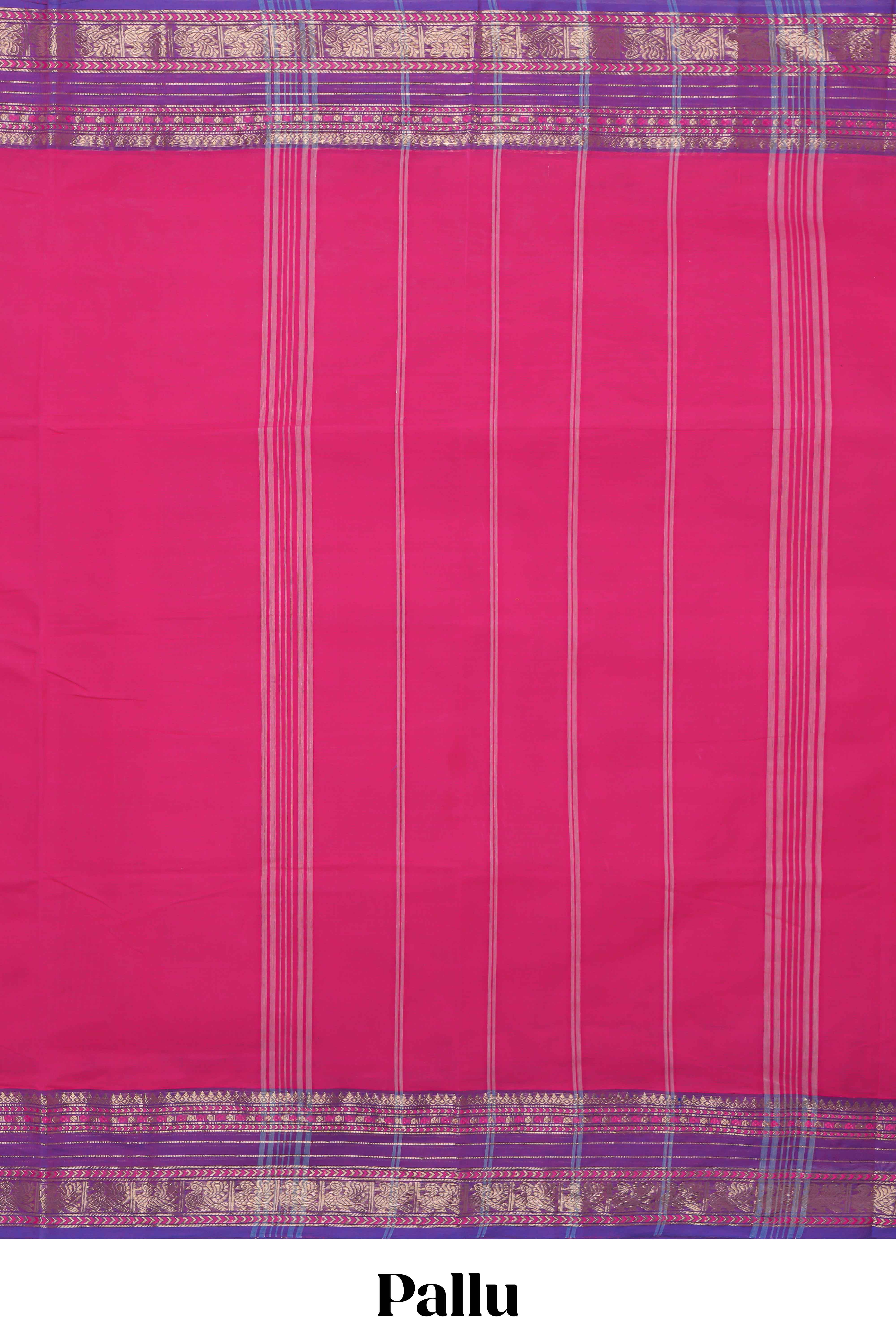 Pink plain chettinad cotton saree with contrast zari border and matching striped pallu