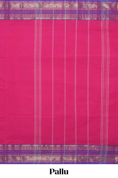 Pink plain chettinad cotton saree with contrast zari border and matching striped pallu