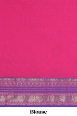 Pink plain chettinad cotton saree with contrast zari border and matching striped pallu