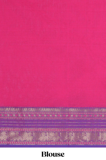 Pink plain chettinad cotton saree with contrast zari border and matching striped pallu