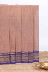 Beige thread motifs chettinad cotton saree with contrast zari border and matching striped pallu