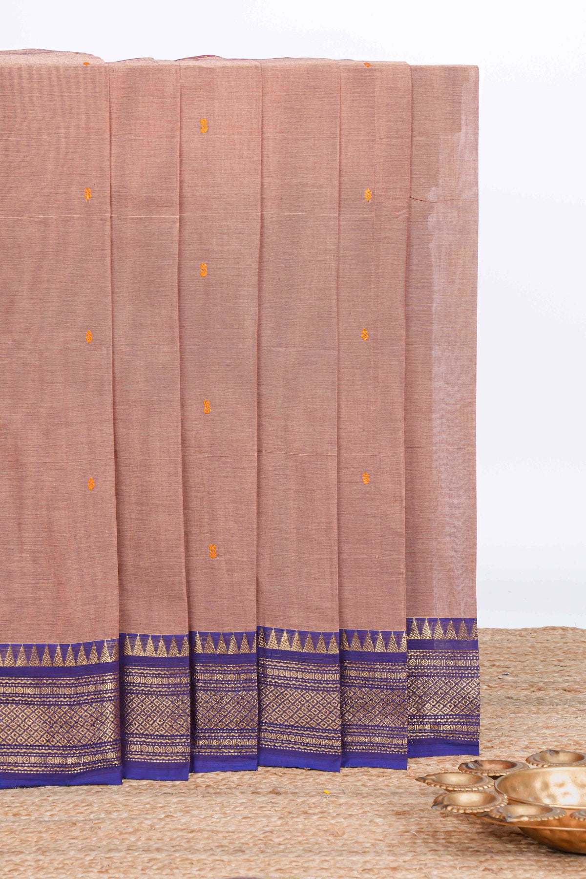 Beige thread motifs chettinad cotton saree with contrast zari border and matching striped pallu