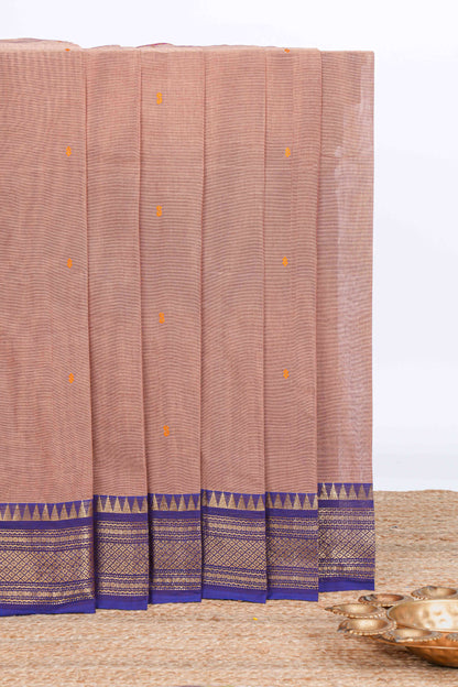 Beige thread motifs chettinad cotton saree with contrast zari border and matching striped pallu