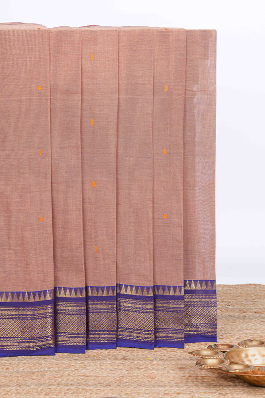 Beige thread motifs chettinad cotton saree with contrast zari border and matching striped pallu